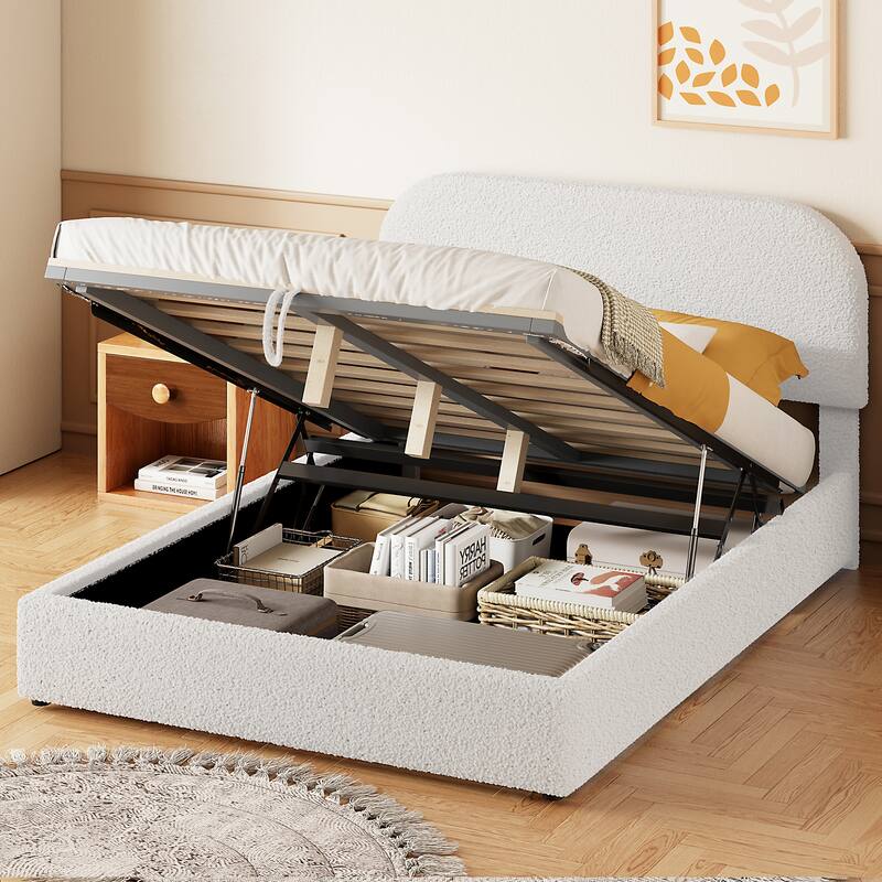 Lift Up Storage Platform Bed Frame, Teddy Fleece Low Profile Bed Hydraulic Storage System, Curved Headboard, Wood Panel Bed