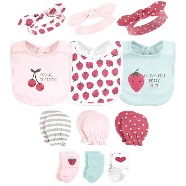 slide 1 of 1, Hudson Baby Infant Girl Caps or Headbands, Bibs, Mittens and Socks 12pc Set, Strawberry, 0-6 Months - Strawberry Strawberry - 0-6 Months