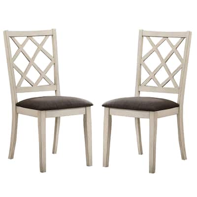Ara 18 Inch Dining Chair, Set of 2, Crossbuck Back, White Wood, Gray Fabric
