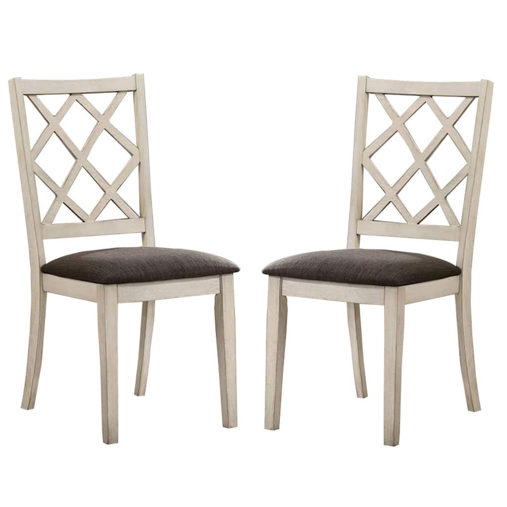 Ara 18 Inch Dining Chair, Set of 2, Crossbuck Back, White Wood, Gray Fabric