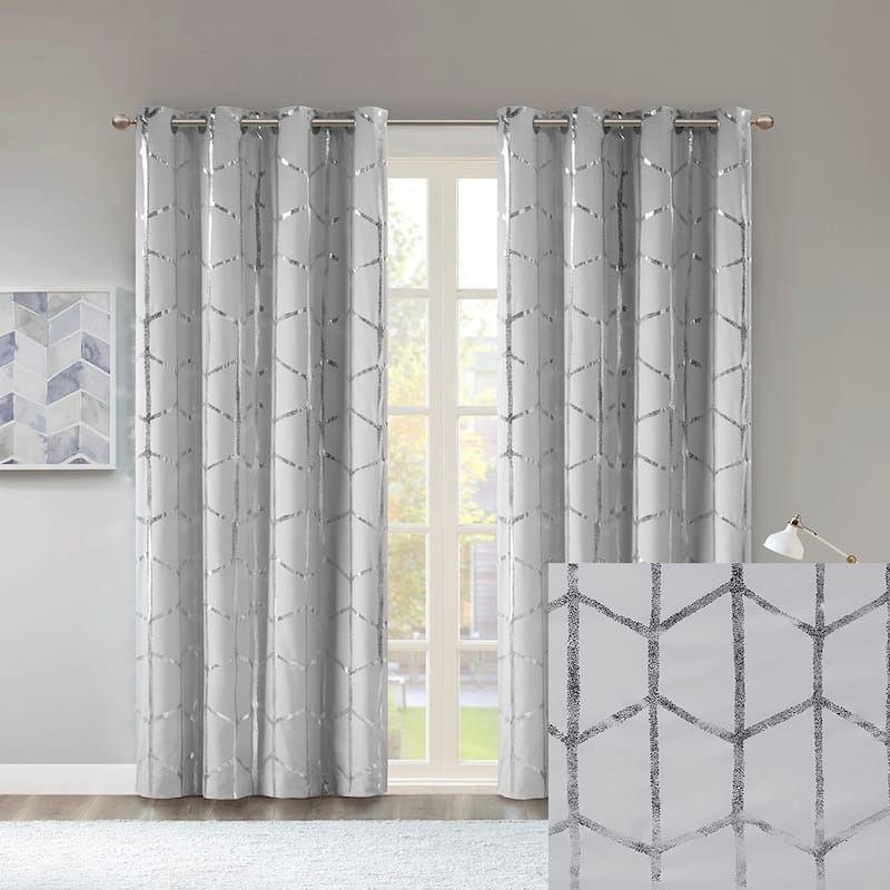 Total Blackout Metallic Print Grommet Top Curtain Panel Pair(2 Pcs Window Panels) - Grey+Silver