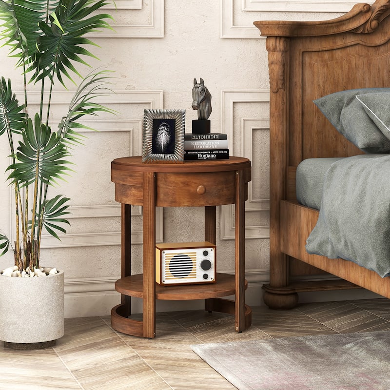 Gymax 2PCS Nightstand w/ Shelf & Wood Grains Drawer Round End Table