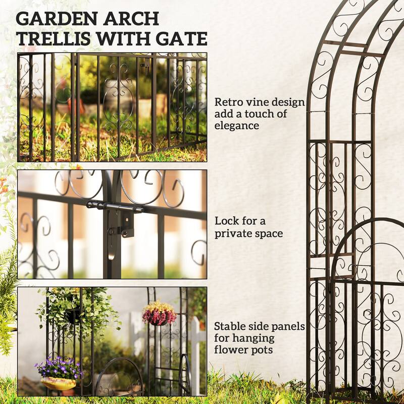 Black Steel Garden Archway with Double Gate Powder-Coated Outdoor Arbor for Climbing Plants Walkway