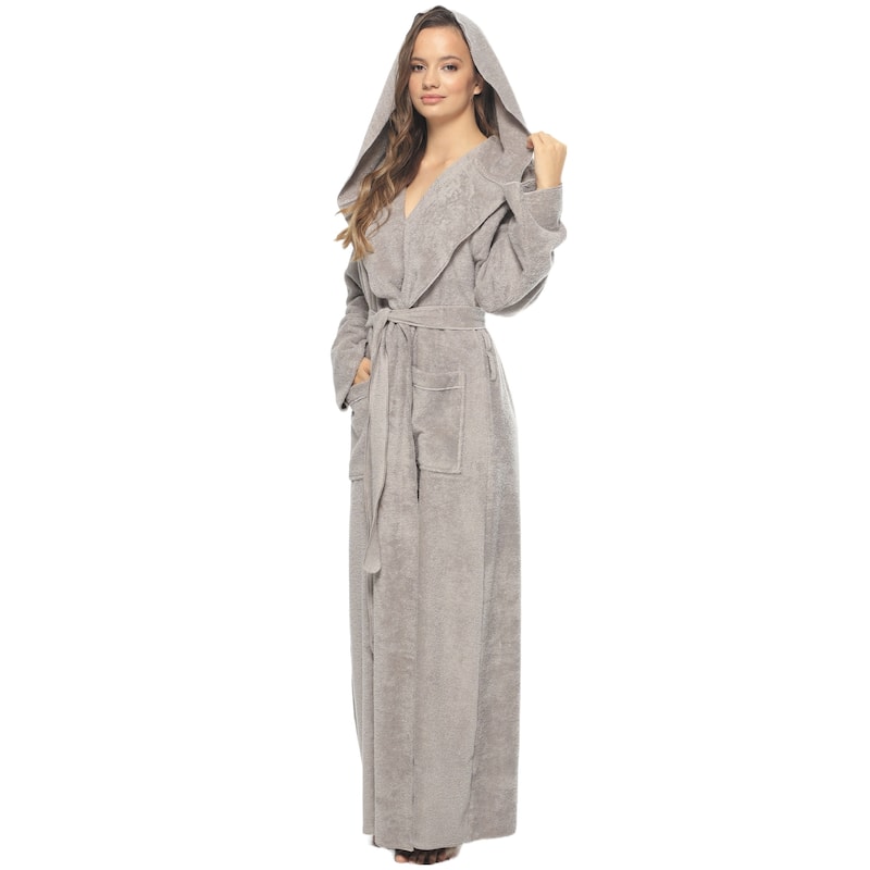 Women's Angel Stlyle Robe Ankle Long Hooded Turkish Cotton Bathrobe - X-Large - Gray