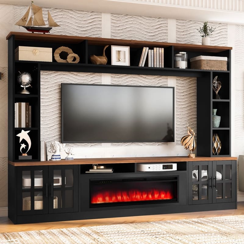Modern 95.5" Wall Unit Entertainment Center with Bookshelves for TVs up to 80" with Electric Fireplace and Adjustable Shelves