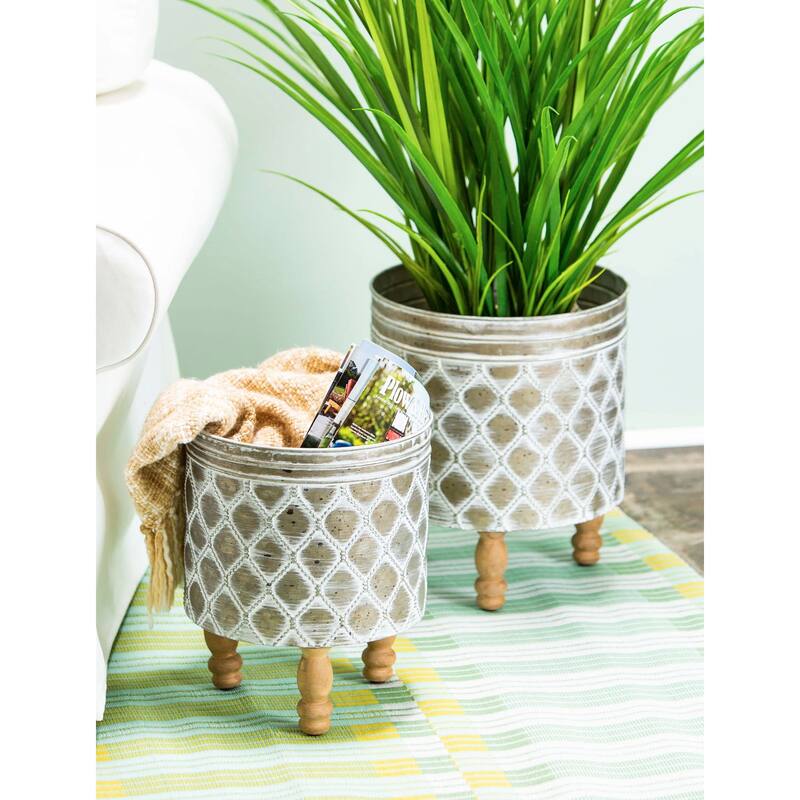 Embossed Metal Planter with Wood Legs, (Set of 2)