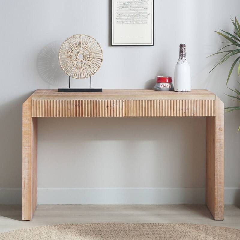 Rustic Wooden Console Table with Drawer - Minimalist Design, Ribbed Texture, and Natural Finish