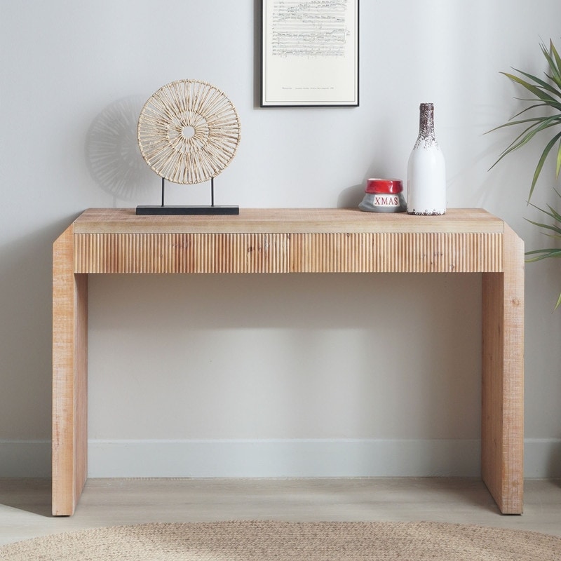 Rustic Wooden Console Table with Drawer - Minimalist Design, Ribbed Texture, and Natural Finish - Natural Wood