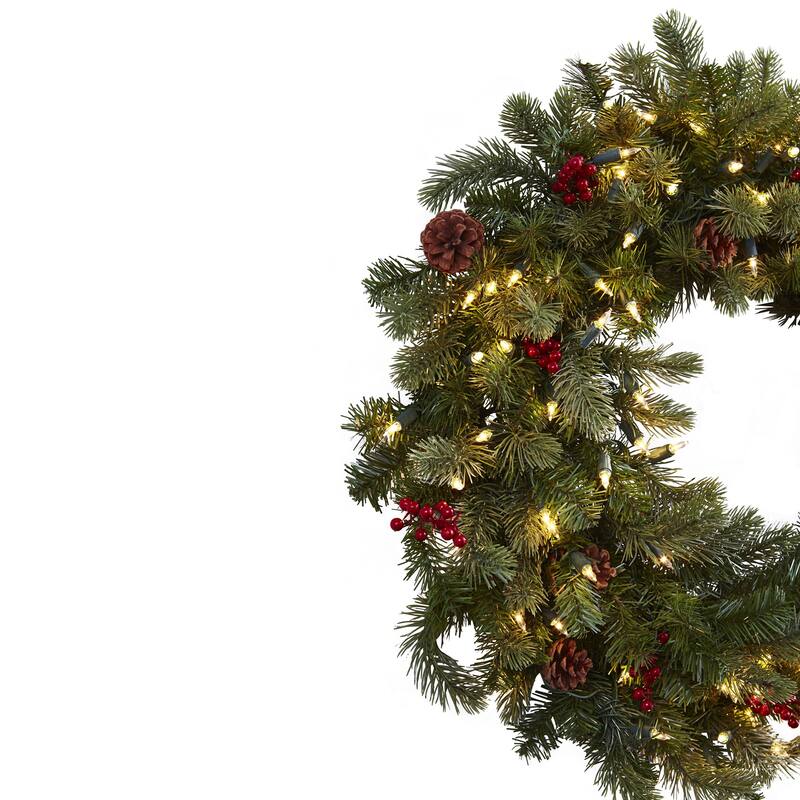 Pre-Lit Berries and Pinecones Christmas Wreath, 30-Inch, Clear Lights