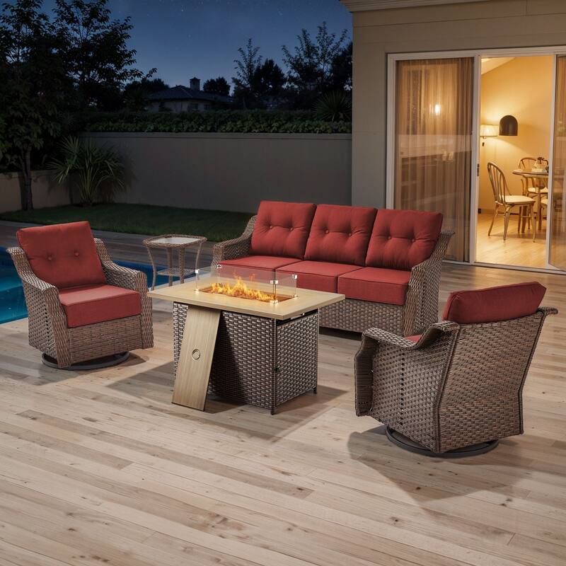 Artisan Brown Wicker Patio Fire Pit Conversation Set with 3-Seat Sofa & Swivel Gliders