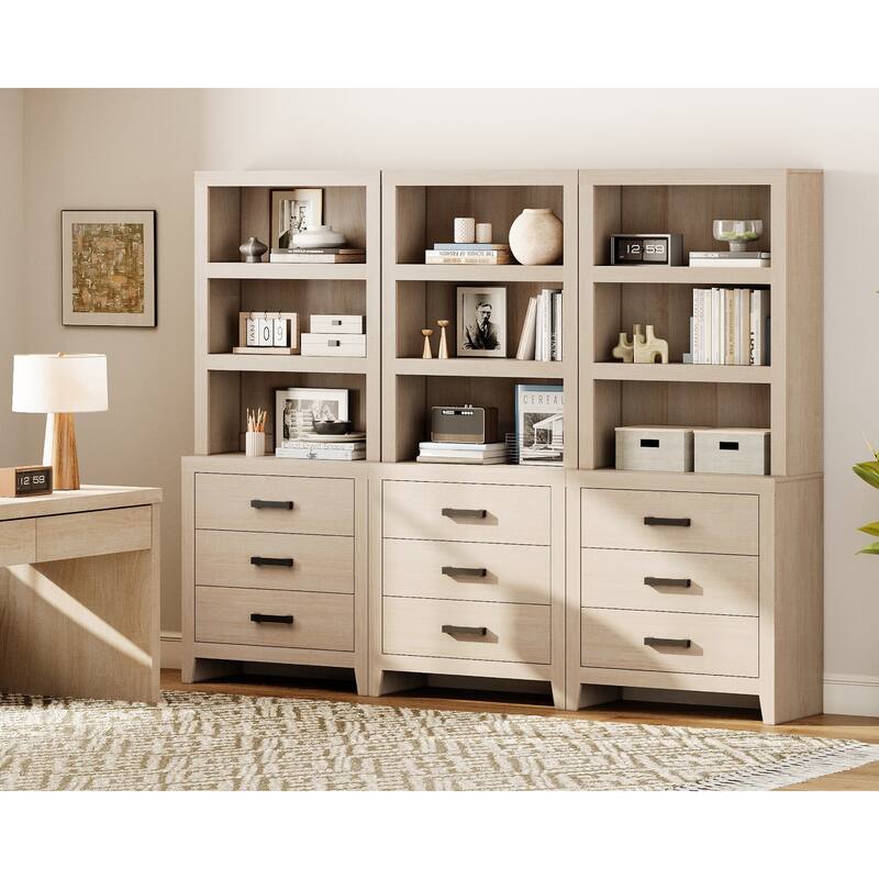 3-Tier Bookshelf with 3 Large Drawers, 74" Tall Farmhouse Bookcase with Wide Metal Handles, for Living Room, Office, Library