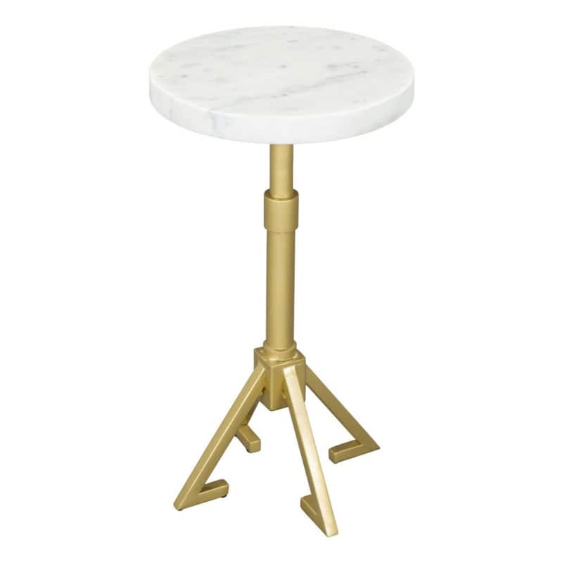 Sleek 22” Round Pedestal Side Table with White Marble Top and Gold Iron Base for Small Spaces - 22”H x 11”W x 11”L