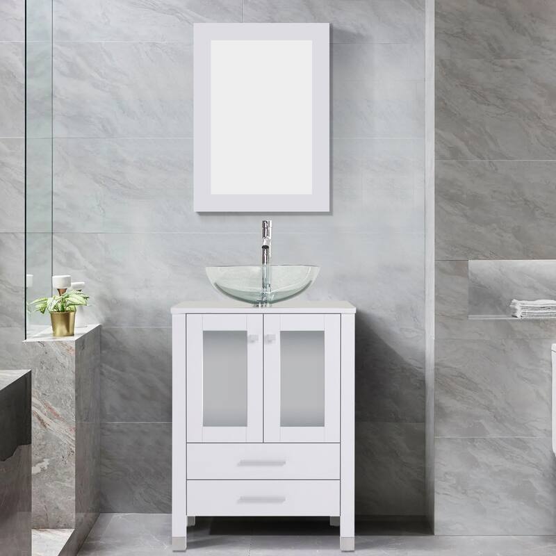 24" Bathroom Vanity with Sink Set Storage Cabinet Combo - White - W-Glass clear round sink