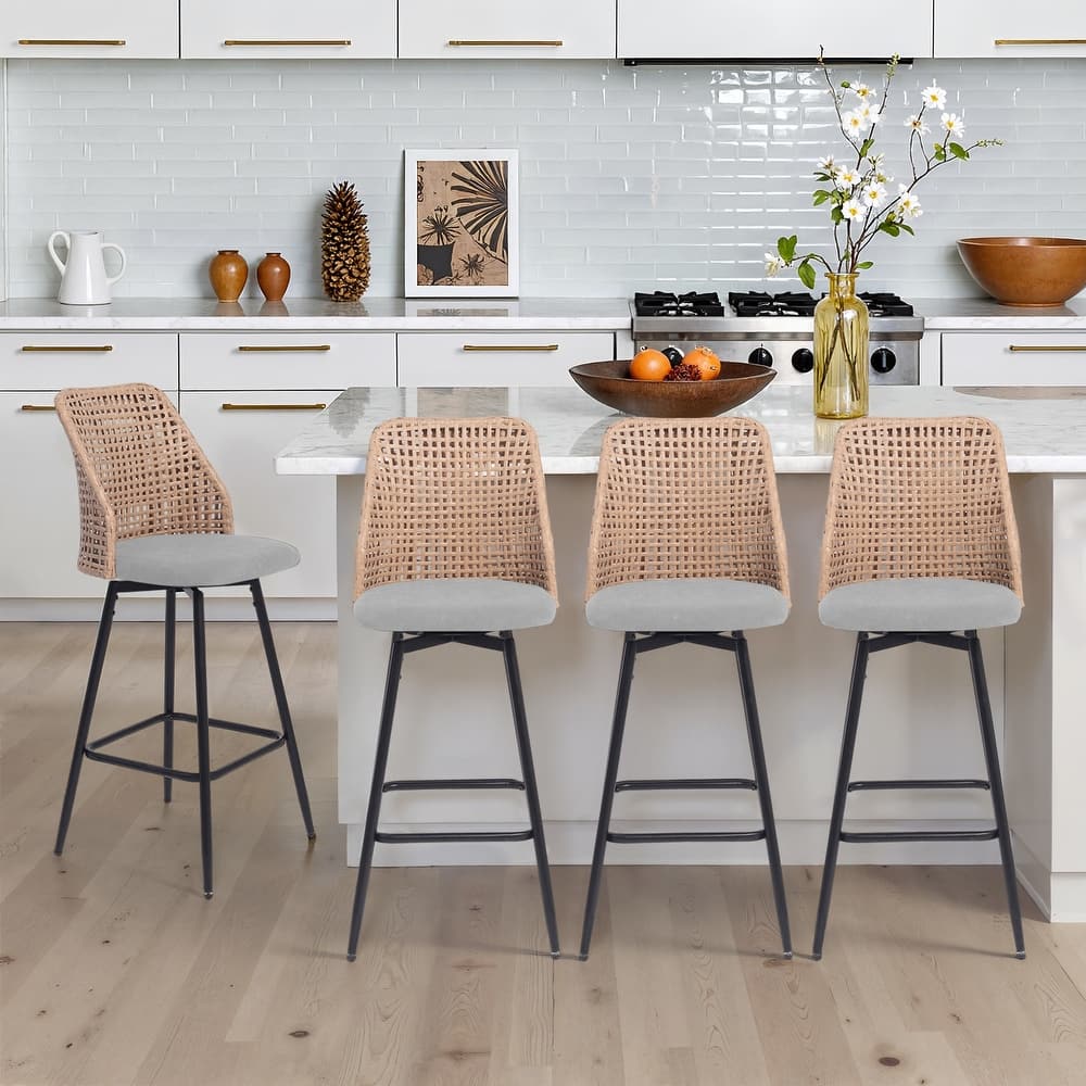 Modern Wicker 28.6" Upholstered Counter Bar Stool With Back Set of 4