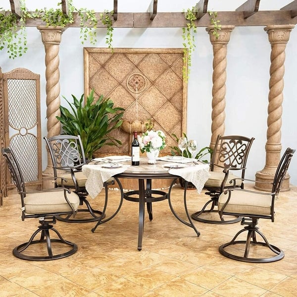 5 Piece Cast Aluminum Dining Set with Round TileTop Table & Swivel