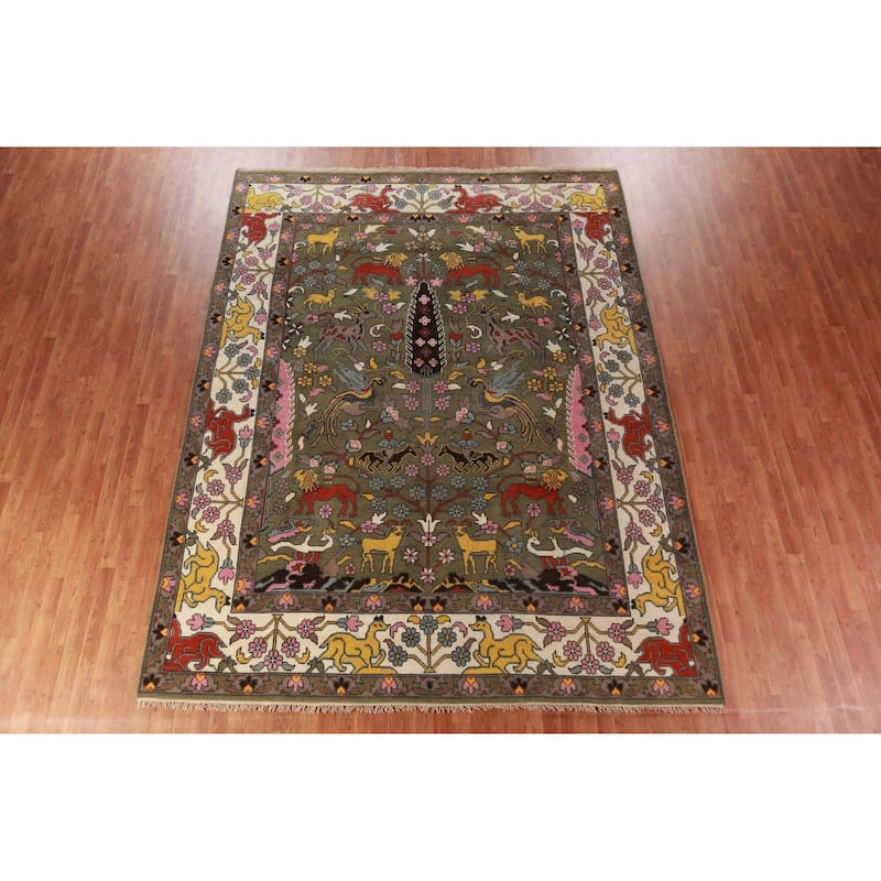 Hunting Animals Green Ziegler Indian Area Rug Handmade Wool Carpet - 9'1"x 11'11"