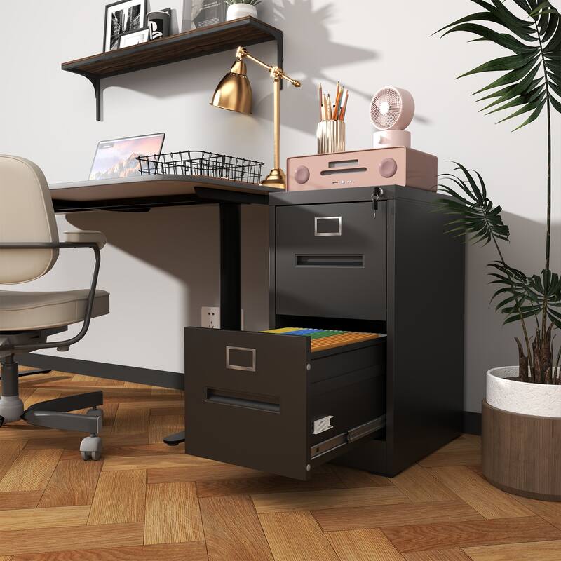 Modern 2-Drawer Narrow Filing Cabinet, Vertical Filing Cabinet with Lock and Anti-Tilt Function, for Home Office, Black