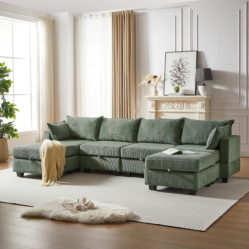 113.5" Corduroy U-Shaped Sectional Sofa with Ottoman