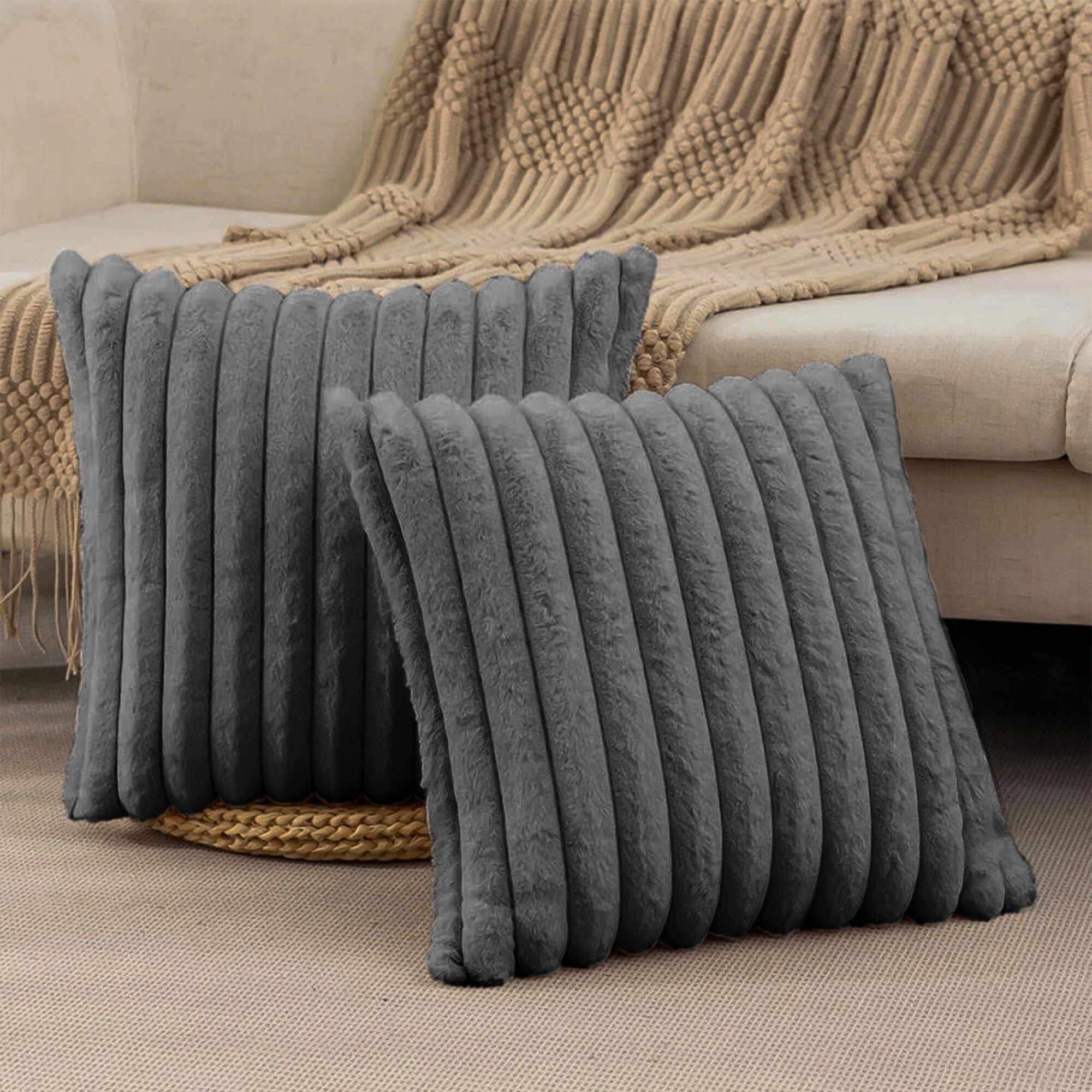 Modern Stripe Faux Fur Throw Pillows Set of 2