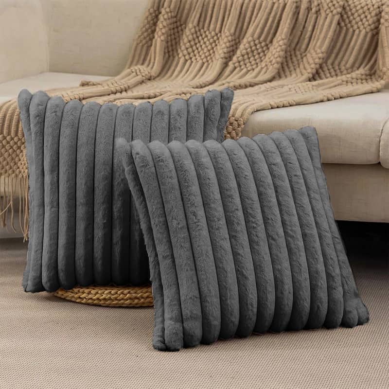 Modern Stripe Faux Fur Square Throw Pillows (Set of 2)