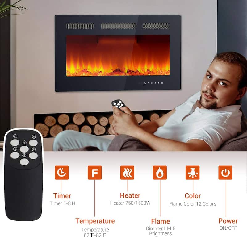 30 Inch Wall Built-in Electric Fireplace Heater for Bedrooms, Living Room - N/A