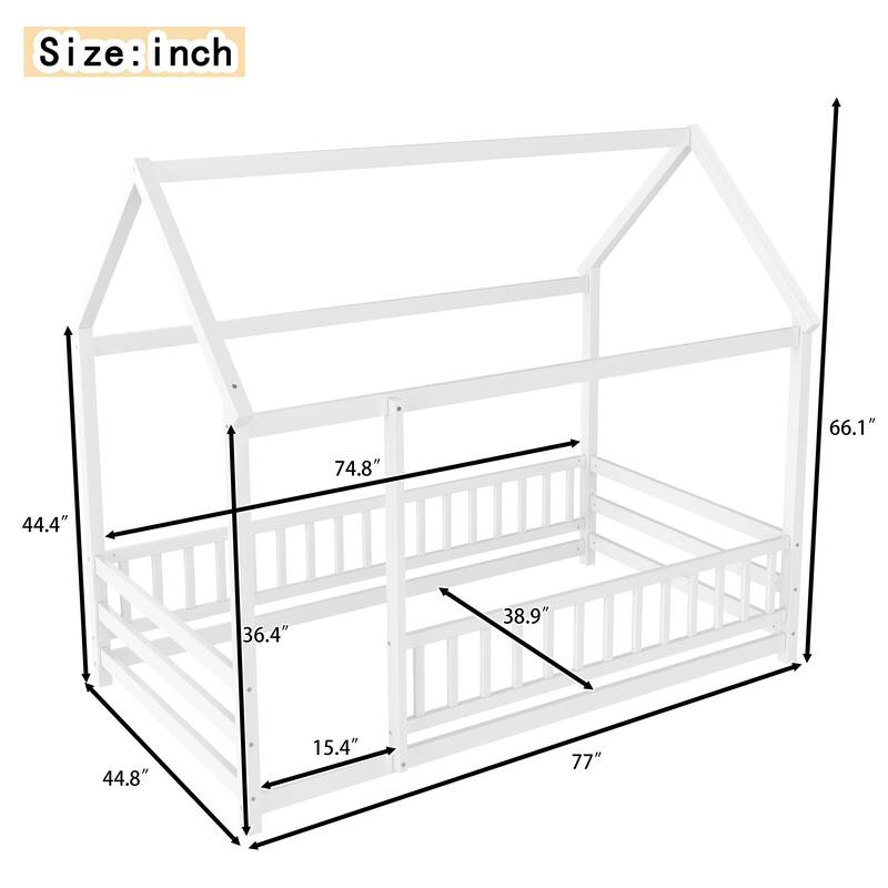 Wooden House Frame Floor Bed with Roof, Fence Guardrails, Pine Wood Kids Platform Bed for Bedroom