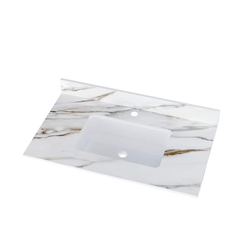 37 Inch Bathroom Marble Vanity Top,Undermount Rectangular Middle Sink,4" Height Backsplash,Pre-Drilled Faucet Hole Vanity Top
