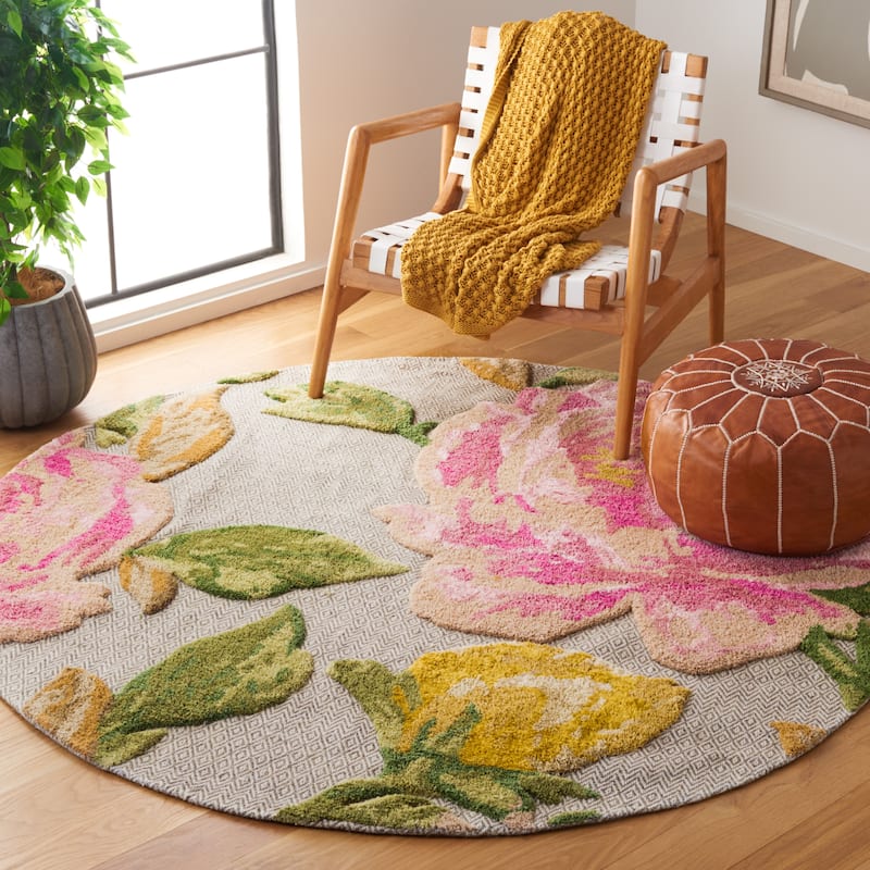 SAFAVIEH Handmade Glamour Staika Floral Wool Rug - 6' Round - Pink/Grey