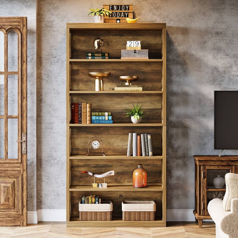 7-Tier Brown Wood Bookshelf, Floor Standing Open Display Storage Shelves