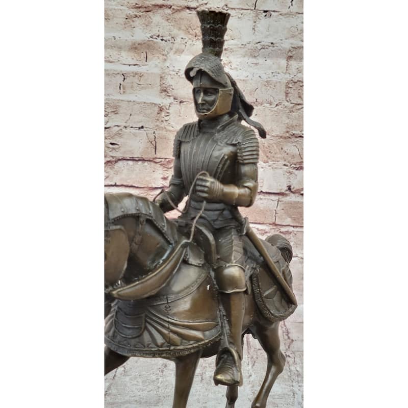 Medieval Chivalrous Knight On Imitative Horseback Bronze Sculpture Statue On Marble Base