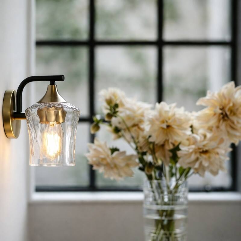 Modern 1-Light Black Gold Wall Sconce Glass Vanity Lights for Bathroom - Hammered