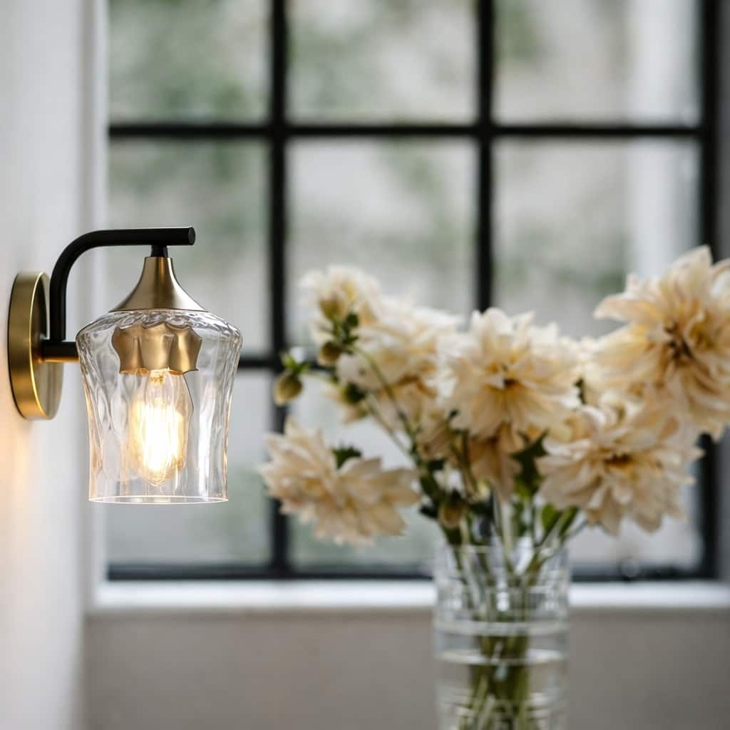 Modern 1-Light Black Gold Wall Sconce Glass Vanity Lights for Bathroom