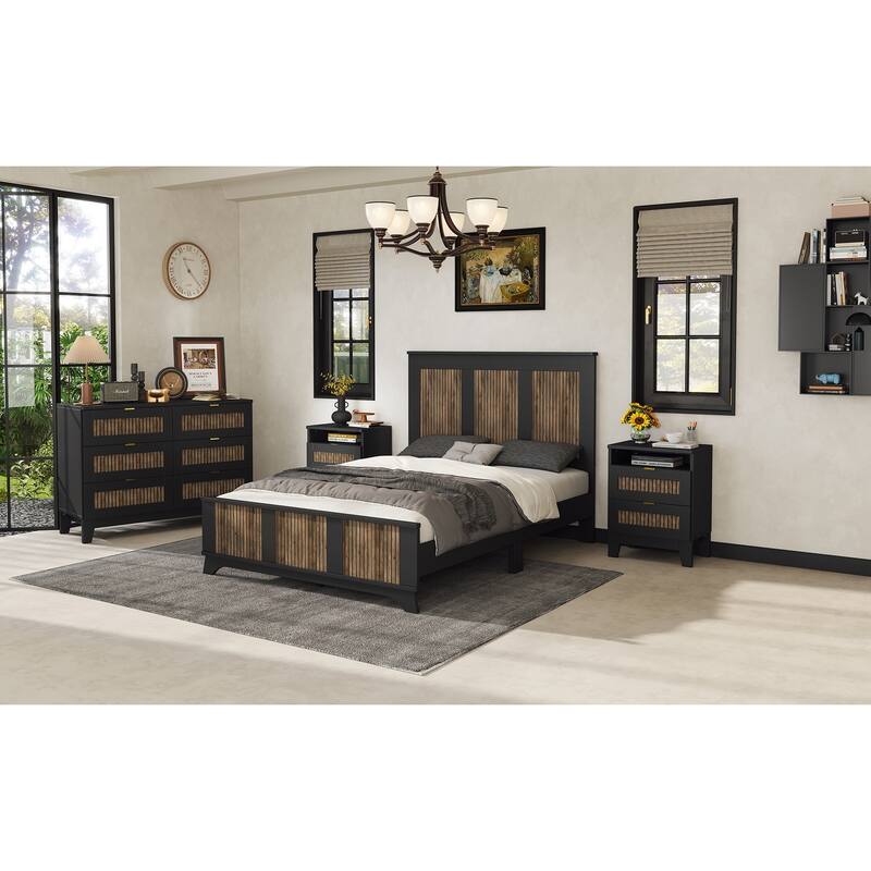 Stylish Platform Bed Slats Support Wood Bed, Rustic Farmhouse Style Bed Frame with Wooden Strip Decoration Elevated Headboard