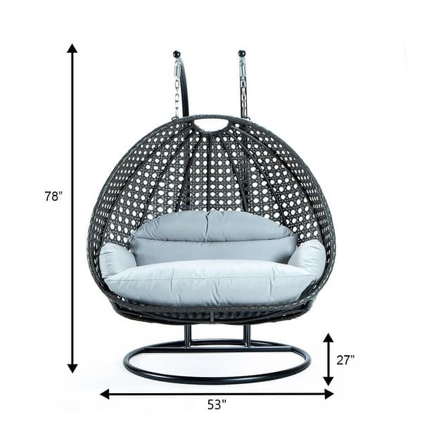 dimension image slide 12 of 16, LeisureMod 2-Person Double Egg Swing Chair - Charcoal Wicker with Metal Stand & Plush Cushions - Modern Outdoor Patio Lounger