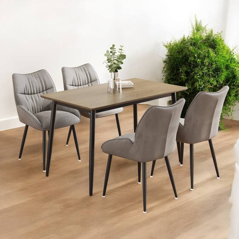Modern 5-Piece Dining Set, Minimalist Wood Grain Table with Metal Legs, 4 Velvet Chairs, Easy to Assemble for Dining Room - Grey,Wood