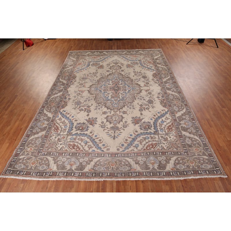 Beige Tabriz Vintage Persian Area Rug Handmade Wool Carpet - 9'6" x 12'7"