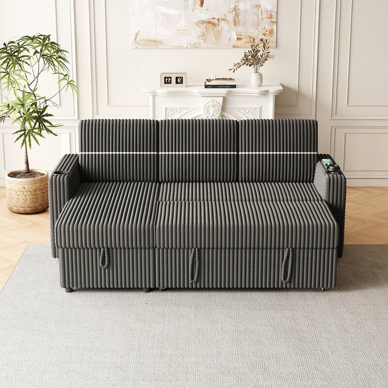 85 Inches Corduroy Sofa Bed, 3 Seater Sleeper Sofa with Storage Chaise