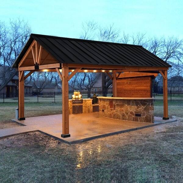 Outsunny 13' x 11' Wood Framed Gazebo, Hardtop Canopy, Steel Roof Bed