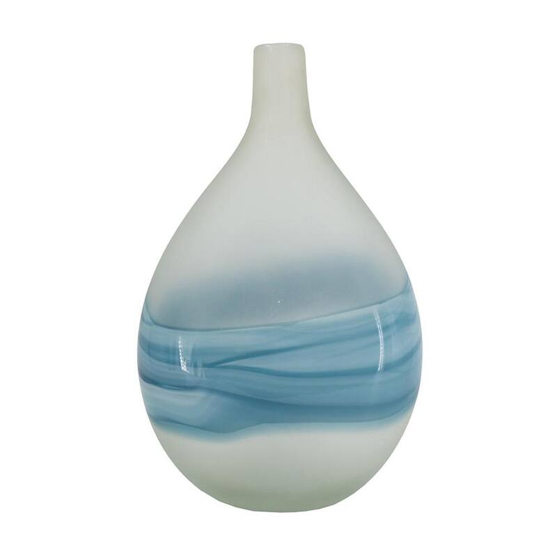 16" White And Blue Swirl Art Glass Table Vase - 10.20