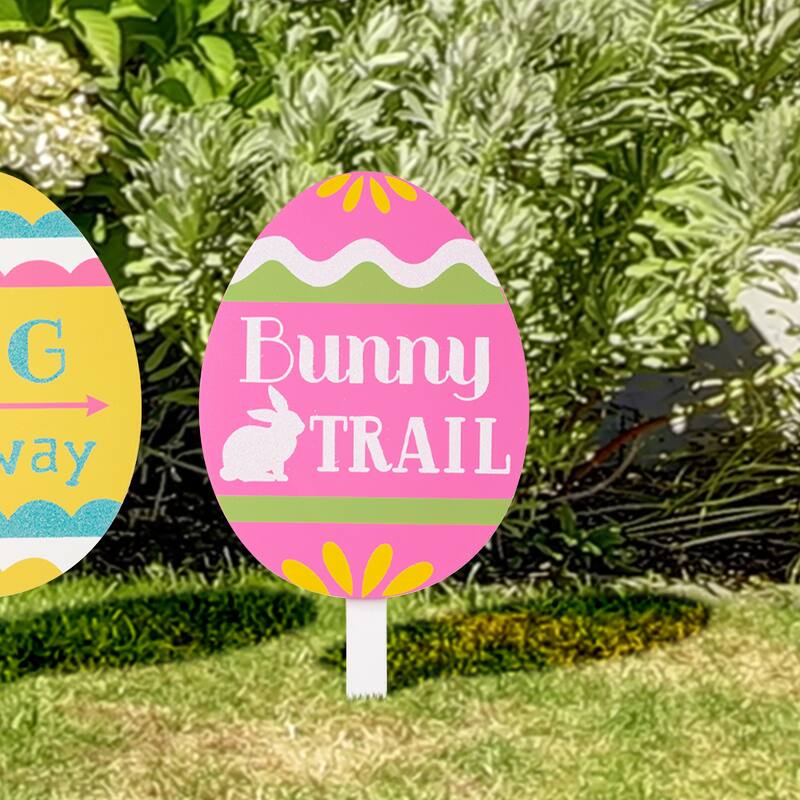 Glitzhome Set of 3 Easter Eggs Wooden Sign Yard Stakes