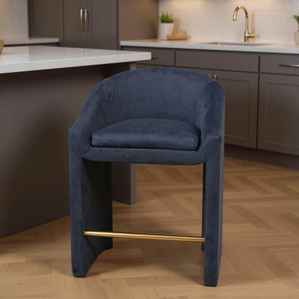 HomeRoots 26" Gray and Gold Velvet and Steel Counter Height Bar Chair