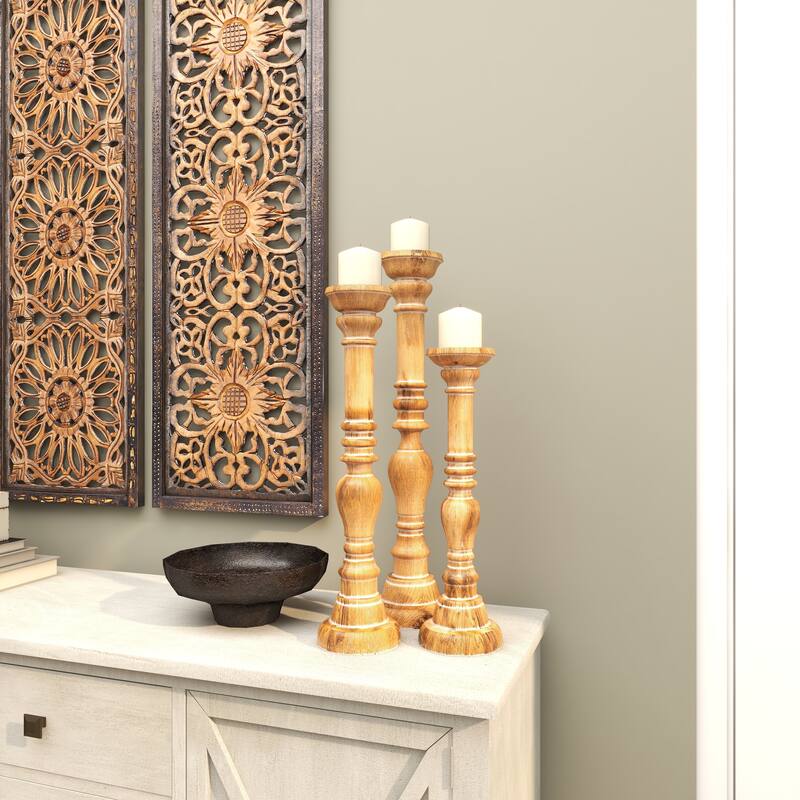 Brown Mango Wood Handmade Candle Holder with Turned Style (Set of 3)