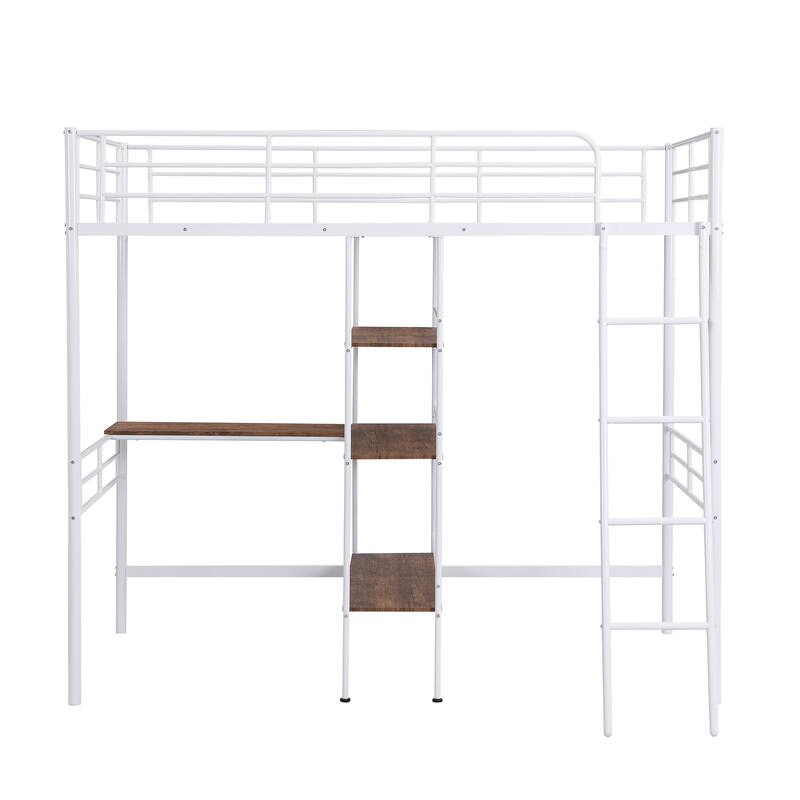 Roomfitters Twin Size Metal Loft Bed with Built-In Desk and Storage Shelves, White