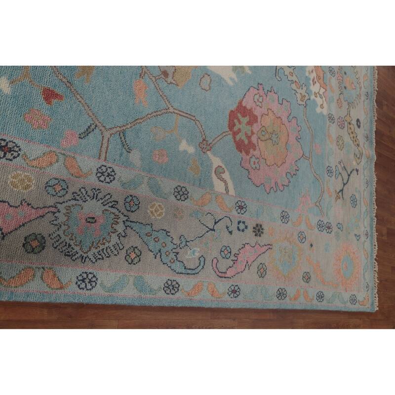 Light Blue Floral Oushak Oriental Area Rug Hand-Knotted Wool Carpet - 8'11" x 11'8"