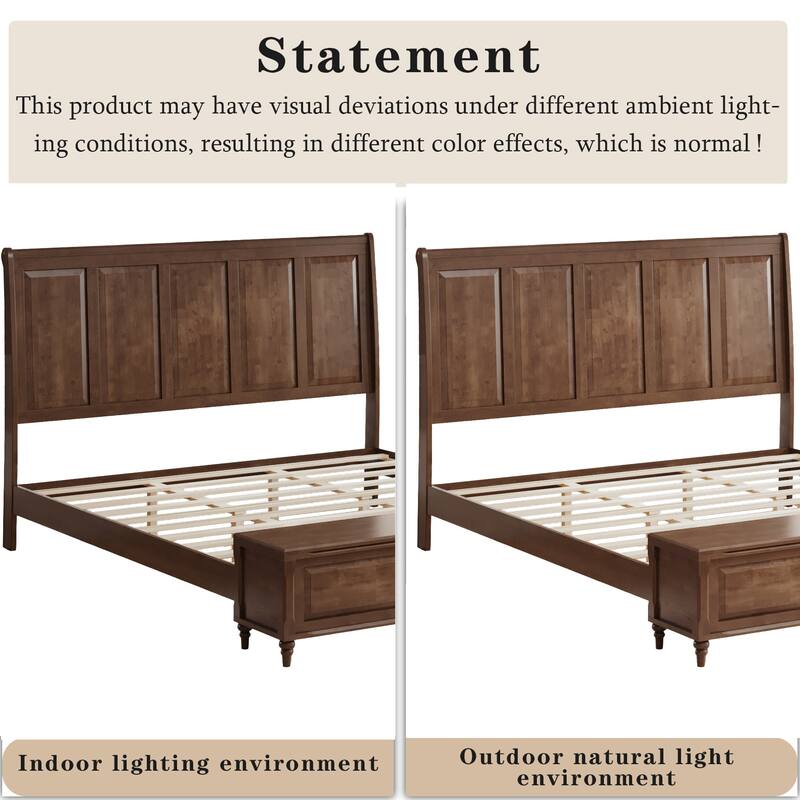 GDFStudio - Traditional Solid Wood Sleigh Bed Frame with High Paneled Headboard & Storage Chest Bench, No Box Spring Needed