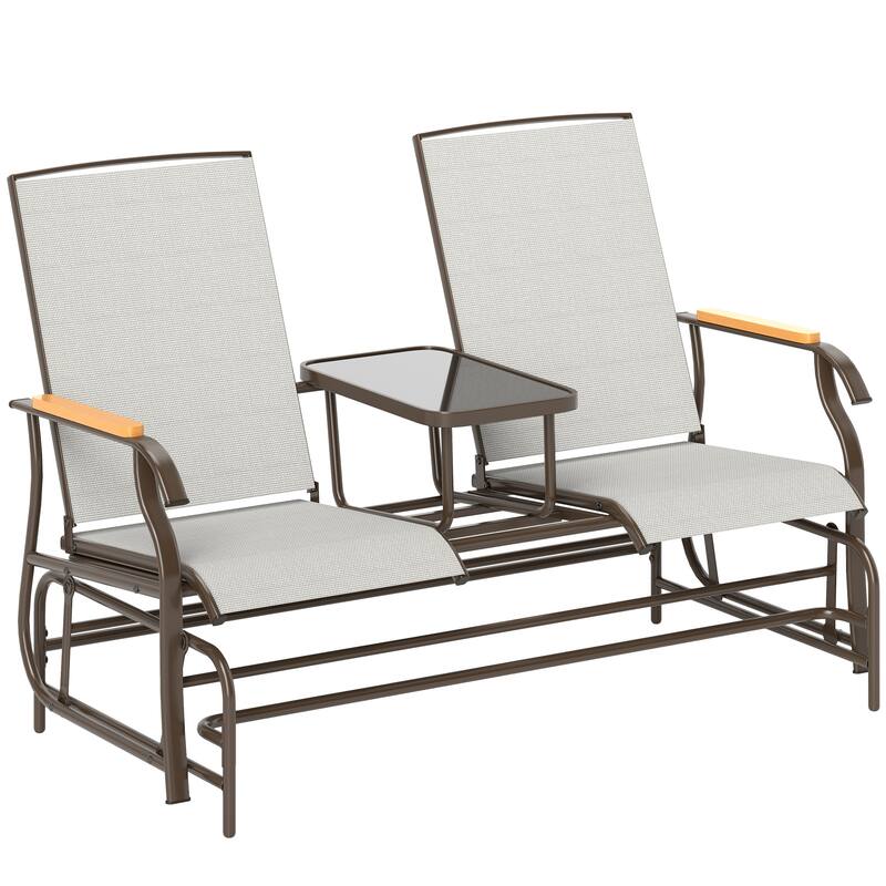 Outsunny 2 Person Outdoor Glider Bench, Patio Swing Glider Chair Loveseat with Breathable Mesh, Table, Steel Frame