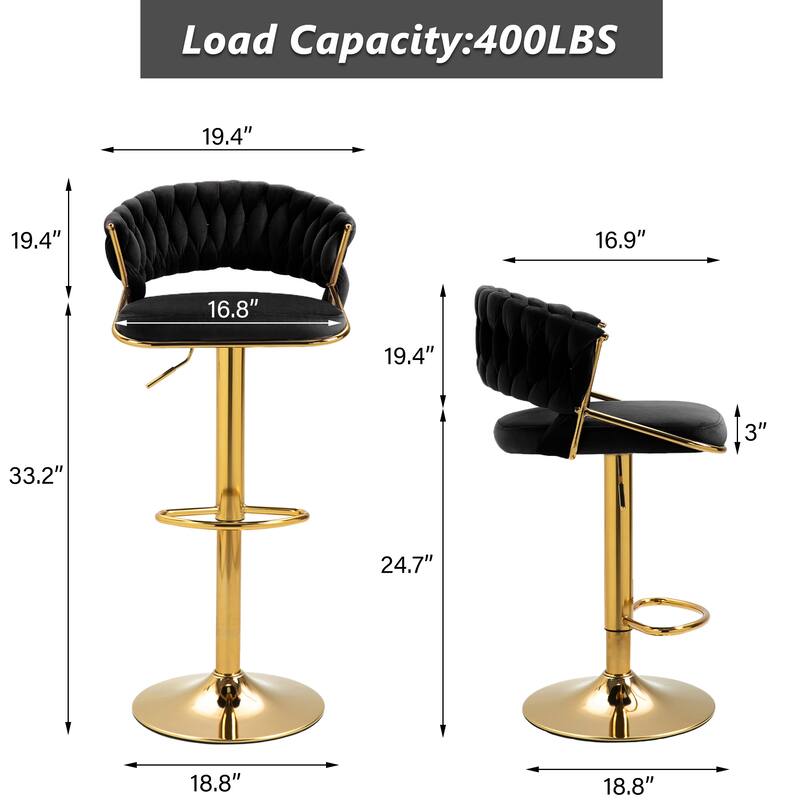 Set of 4 Modern Velvet Adjustable Bar Stools with Backs