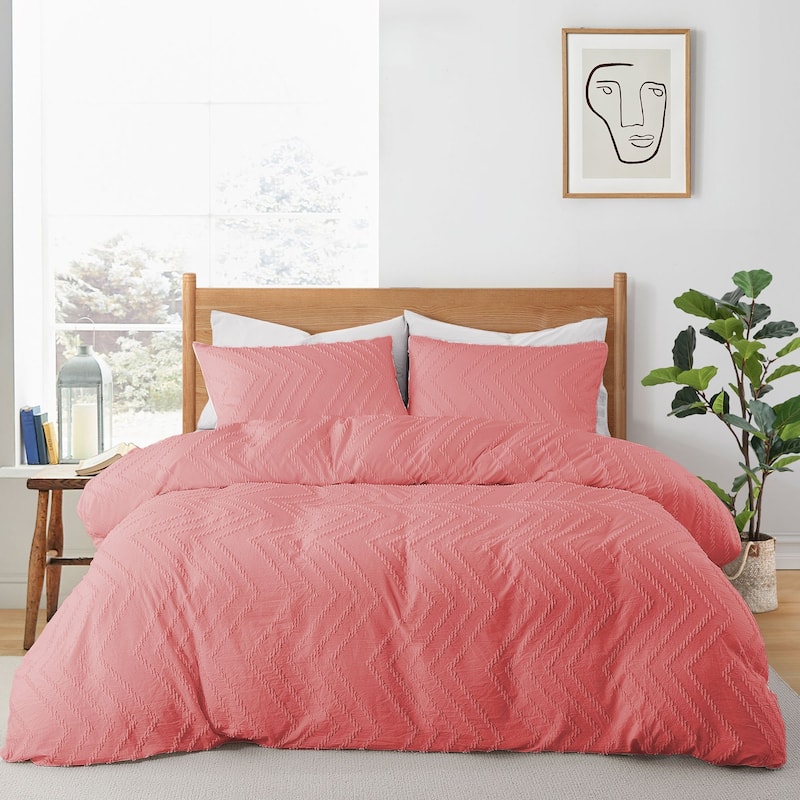 Tufted Clipped Jacquard Geometric Oversized Duvet Cover & Pillowcase Set - Wave/Light Pink - King