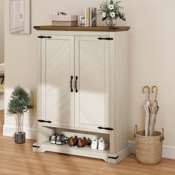 slide 2 of 5, Moasis Farmhouse 6-Tier Shoe Cabinet with Doors Shoe Rack Storage with Adjustable Shelves for Entryway Antique White