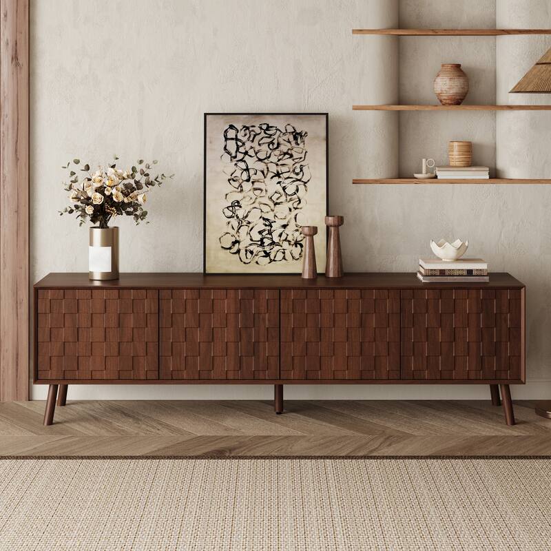 Modern 70" TV Stand for TVs up to 80", Entertainment Center Media Console Table with Solid Wood Legs - Walnut